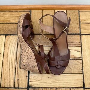 Brown Leather Wedge Sandals with Ankle Strap